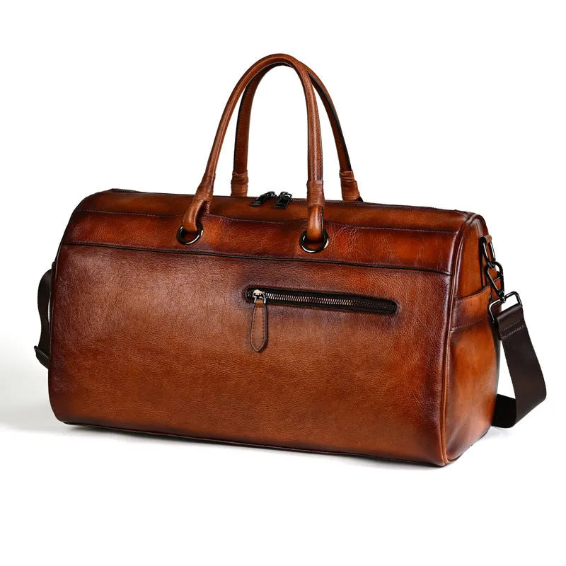 Genuine leather retro handbag in vintage brown colour showing handmade construction details