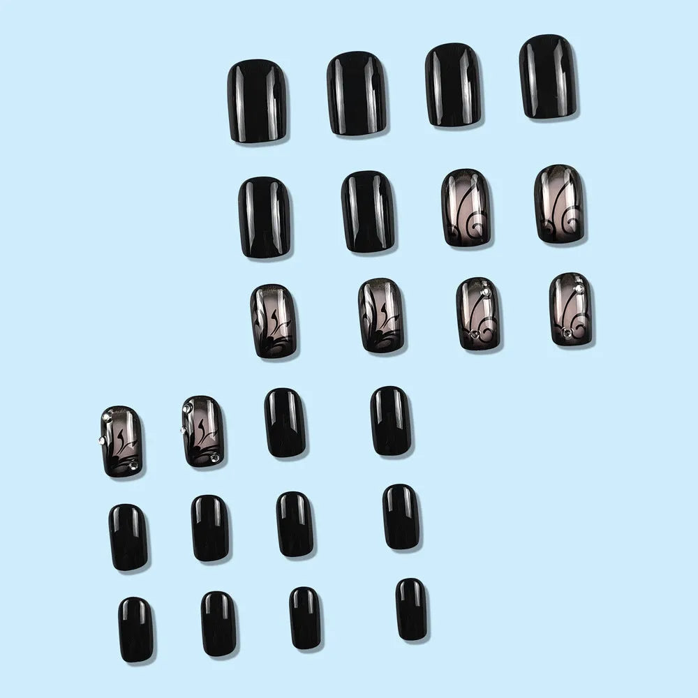 Black vine wearable nails with jelly glue, ultra-thin seamless finish, plaid pattern, one box set