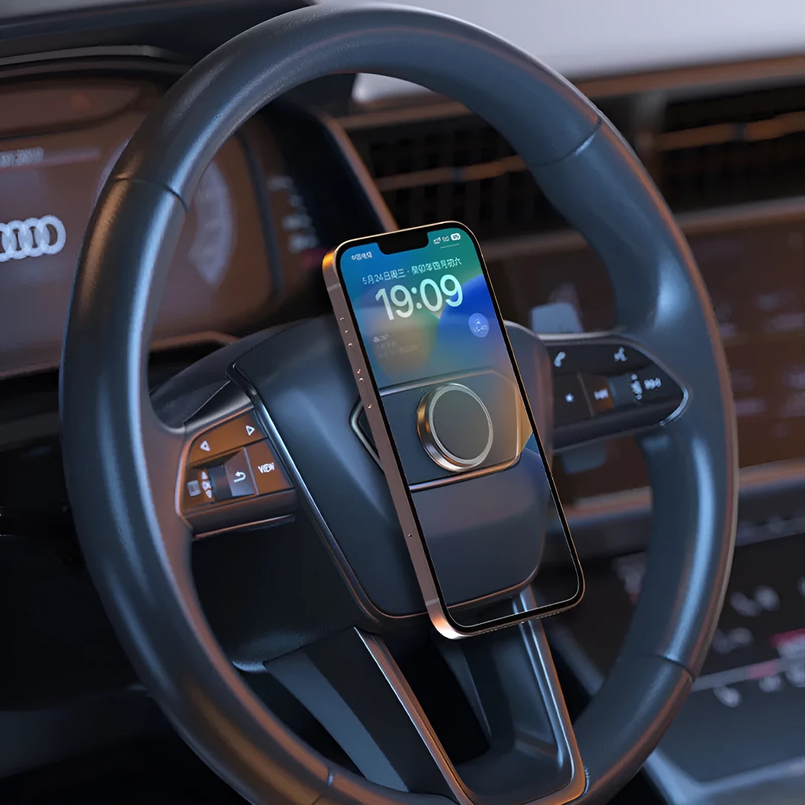 Obsidian black alloy magnetic centripetal force mobile phone holder with adhesive gel.
