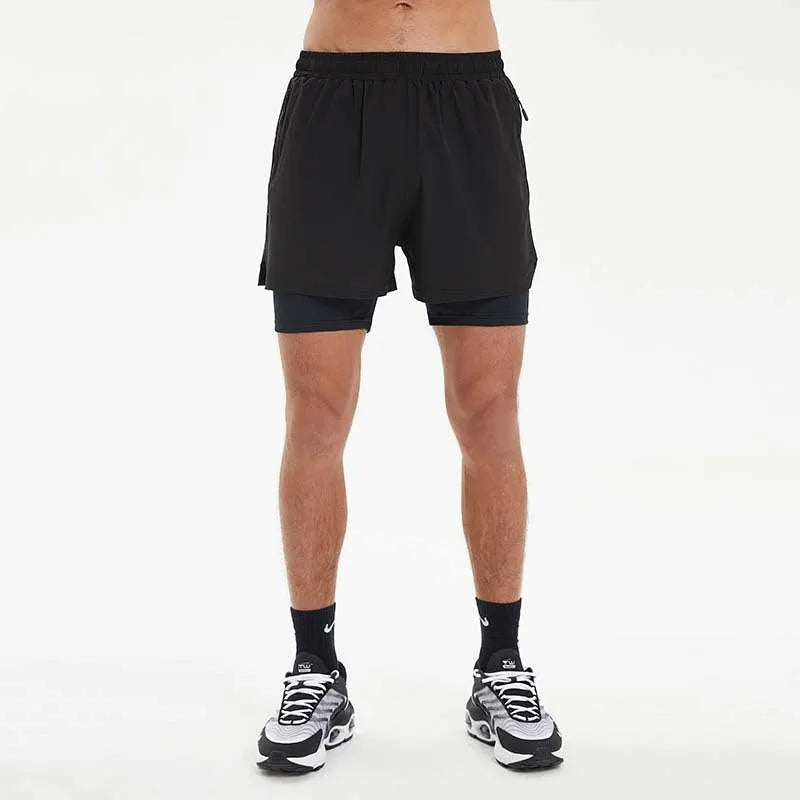 Men's black double-layer sports shorts with built-in liner for running and fitness activities