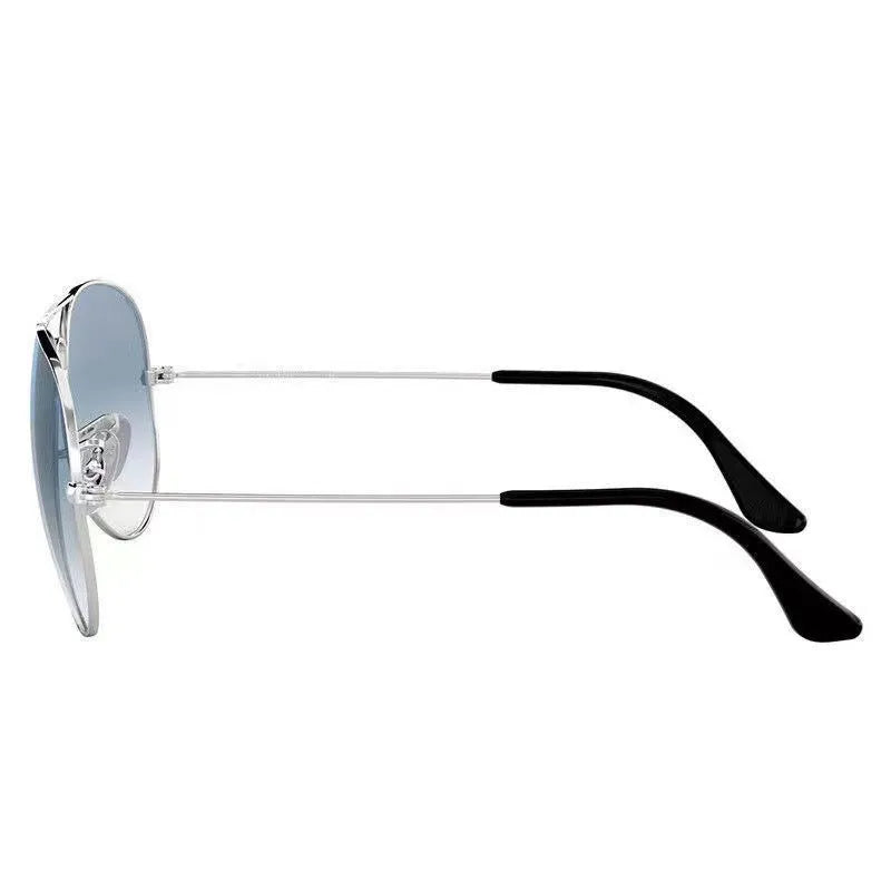 Tempered glass sunglasses with UV protection in gold, silver, and black frame options with dark green and blue lenses.