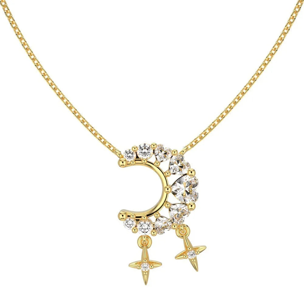 925 silver necklace with moon hollow heart pendant and tassel, gold electroplated finish on clavicle chain