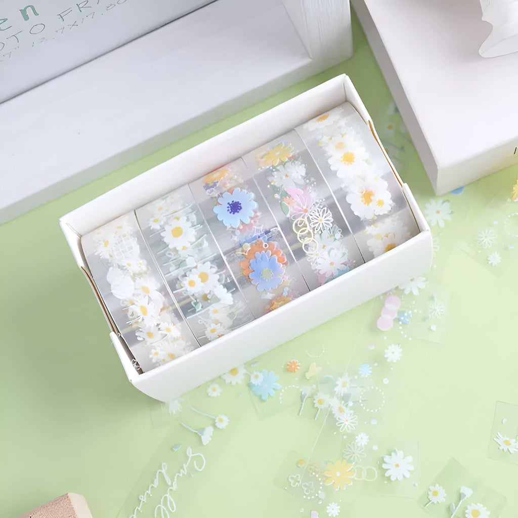 Five rolls of transparent adhesive tape with a Midsummer Daisy cartoon pattern, each 1.5cm wide.