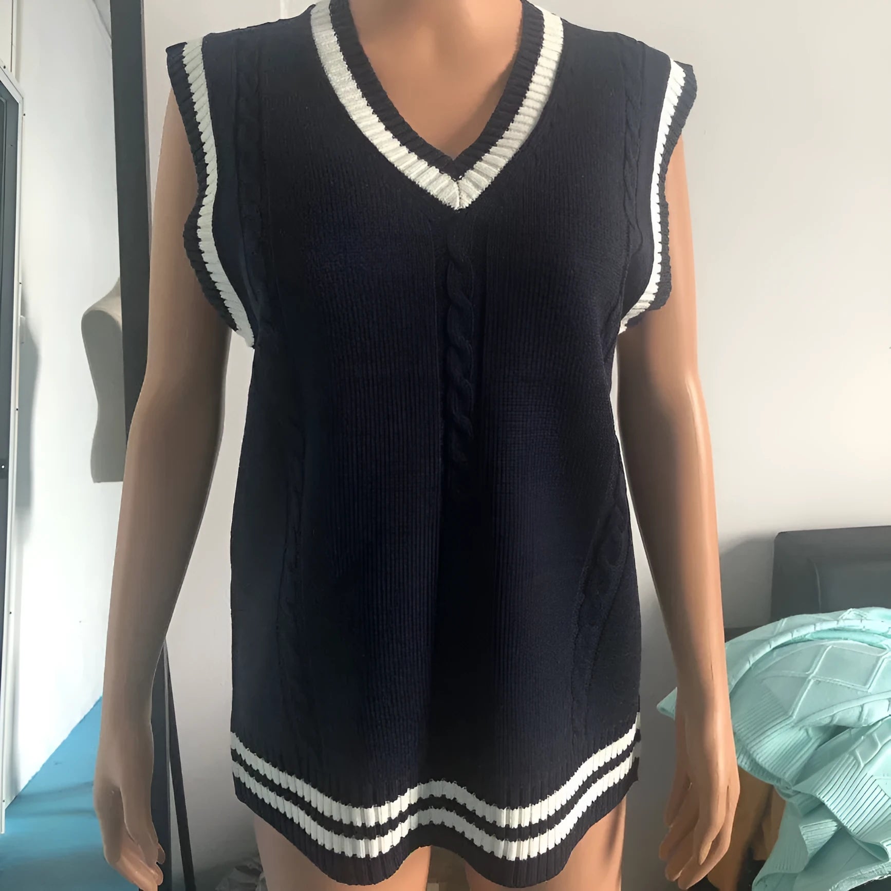 Women's slim fit acrylic V-neck waistcoat sweater with striped stitching in five colour options