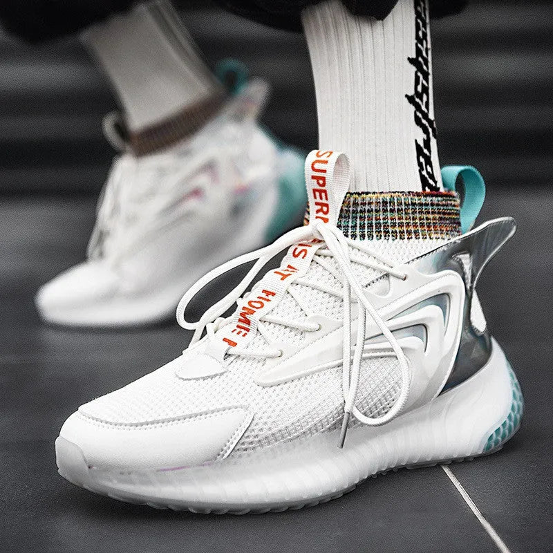 Men's casual mesh shoes with back-tie laces, non-slip rubber sole, white and blue colour