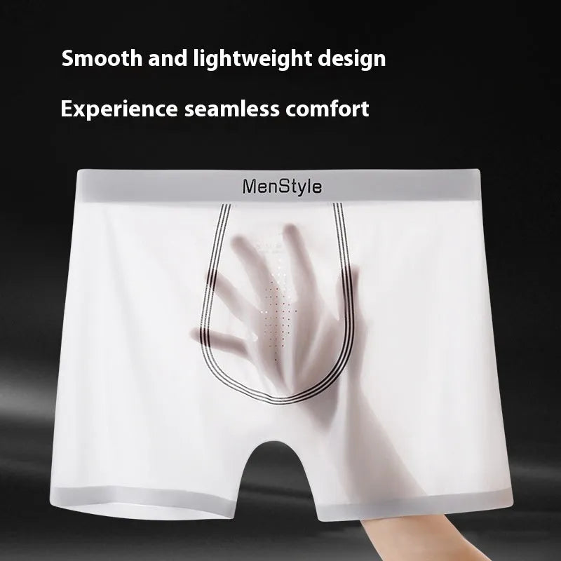 Men's seamless boxer shorts in satin ice silk nylon showing single-layer crotch construction