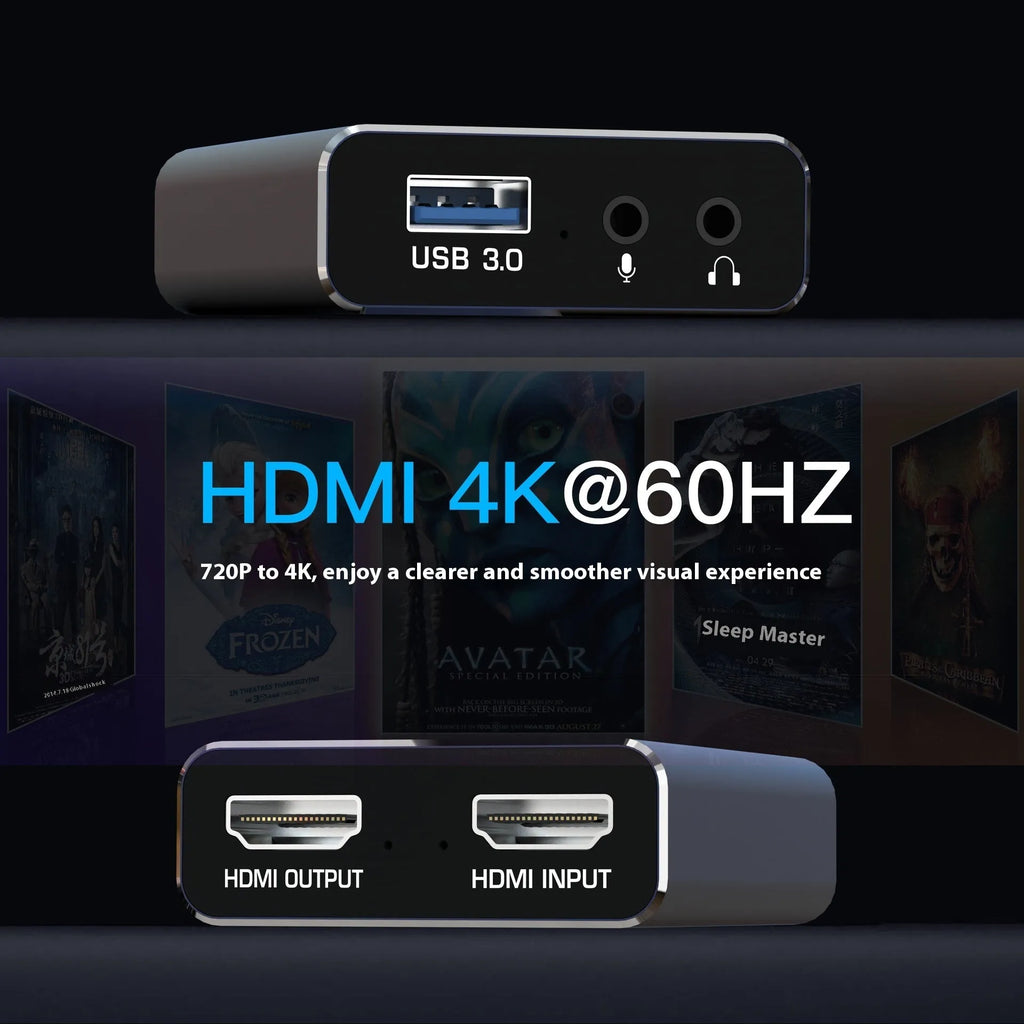 Black 4K gaming set-top box with audio recording and MS2131 chip