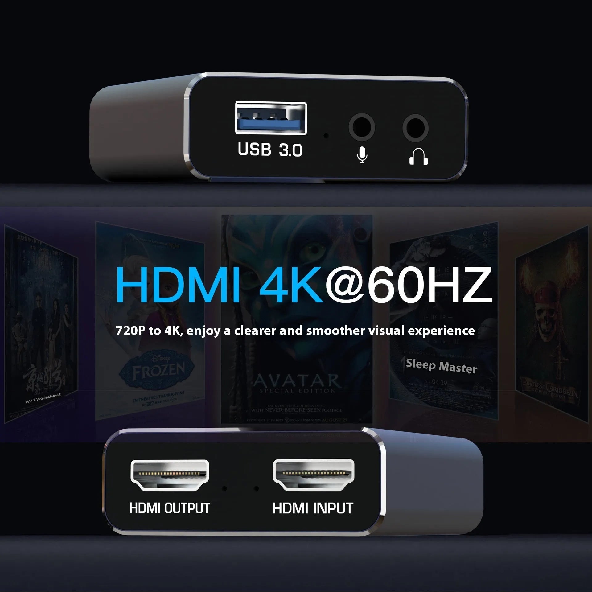 Black 4K gaming set-top box with audio recording and MS2131 chip