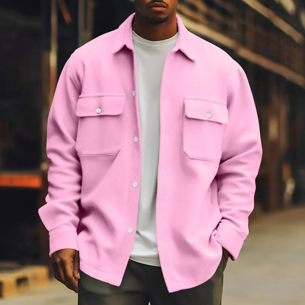 Men's solid colour polyester fibre jacket with digital print, loose fit, long sleeves, and patch pockets