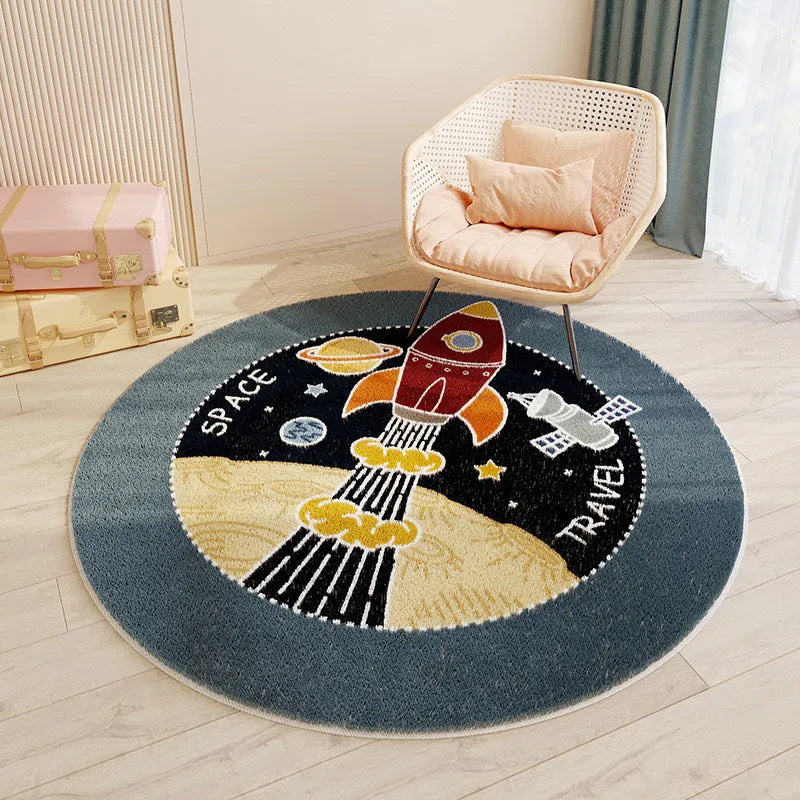 Round floor mat with printed cartoon design in polyester fibre, non-slip backing, available in sizes from 60cm to 200cm