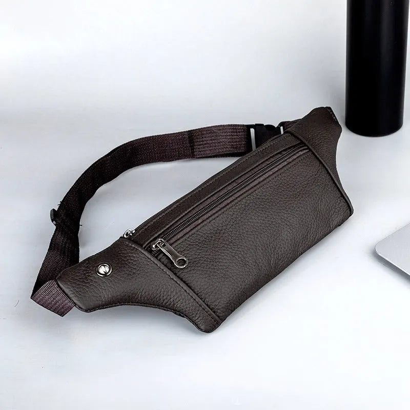 Genuine leather sports waist pack for men in black, invisible running pack with belt and zip closure