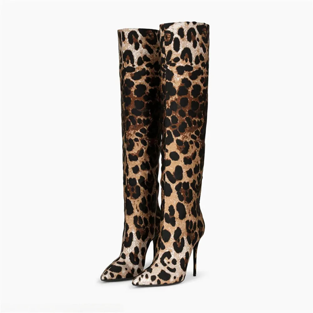 Women's leopard print pointed stiletto heel boots with side zipper on display