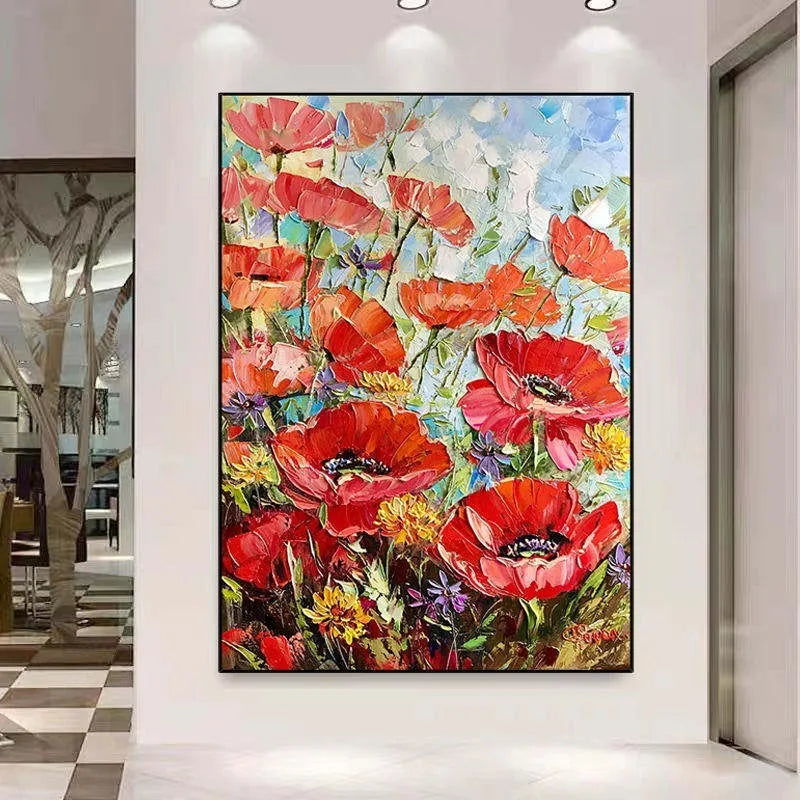 Handmade thick oil red flowers modern canvas wall art unframed