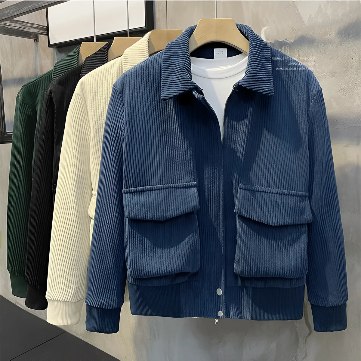 Men's loose fit corduroy coat in green, black, apricot or blue, sizes M to 3XL, with drawstring sleeves
