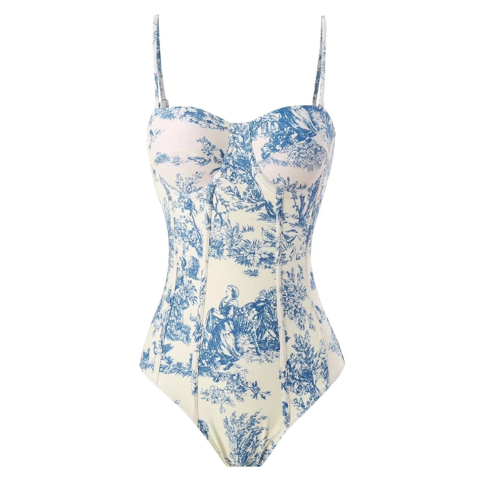 Blue women's one-piece polyester swimsuit with a matching gauze skirt laid flat.