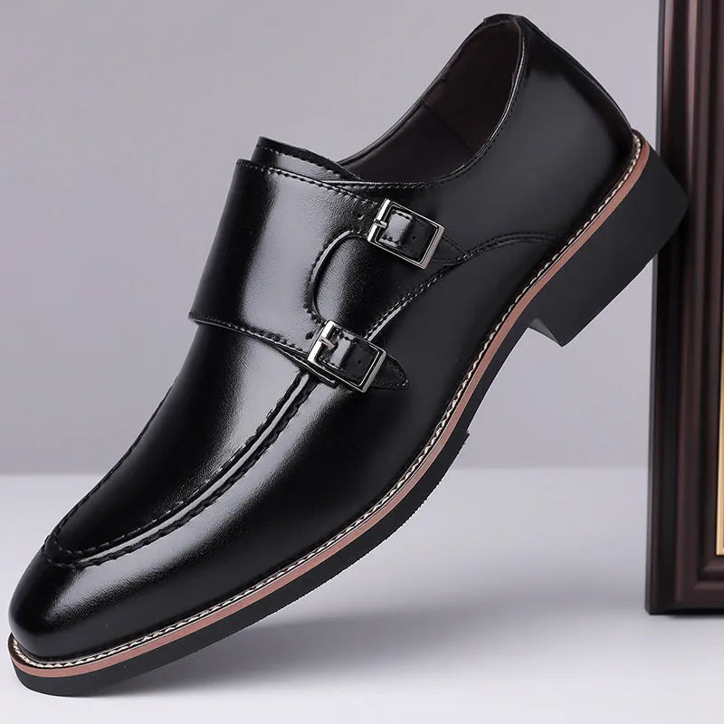Men's slip-on business shoes in black or brown microfiber leather with pointed toe and rubber sole