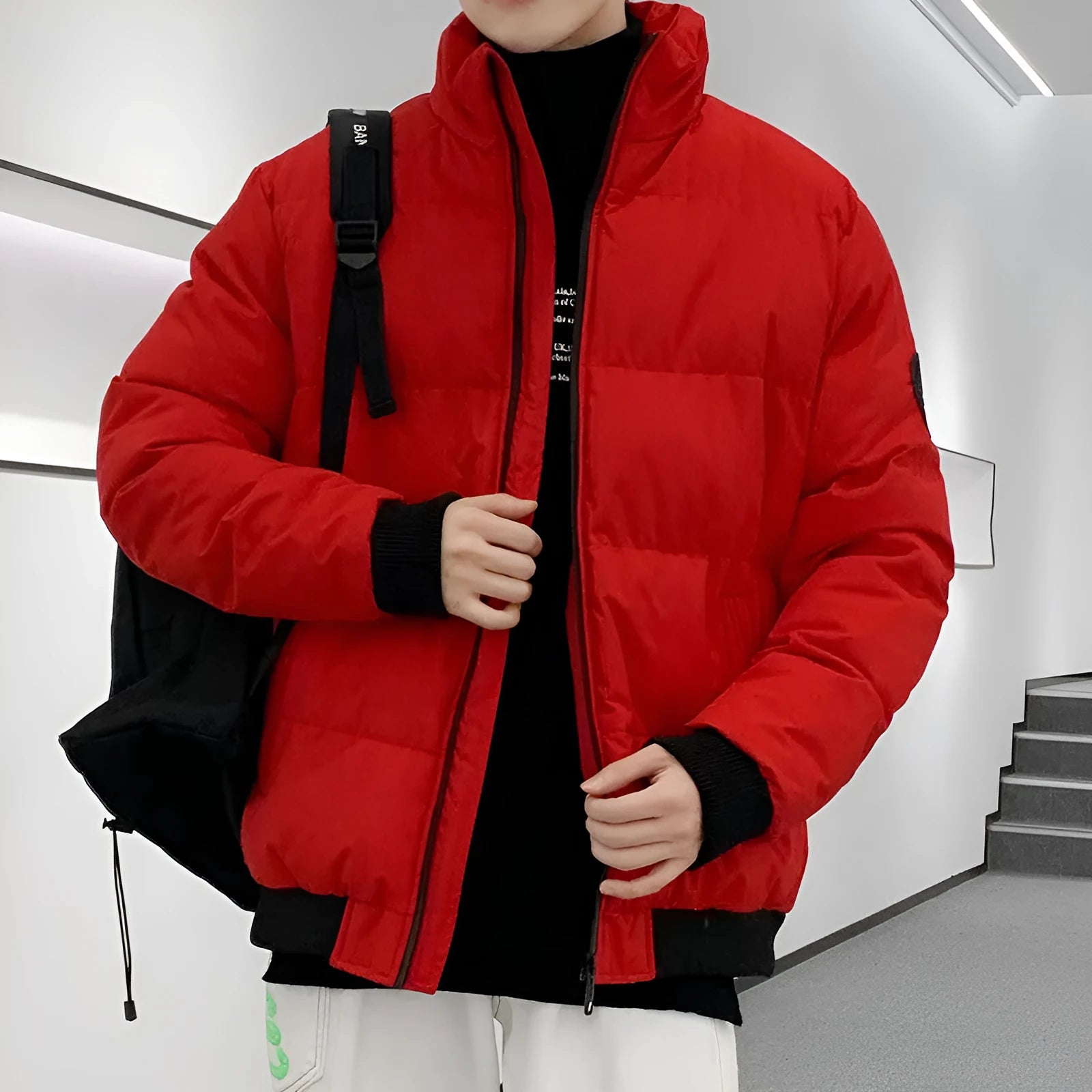 Thick cotton-padded jacket for men, loose fit, polyester, black colour, front view