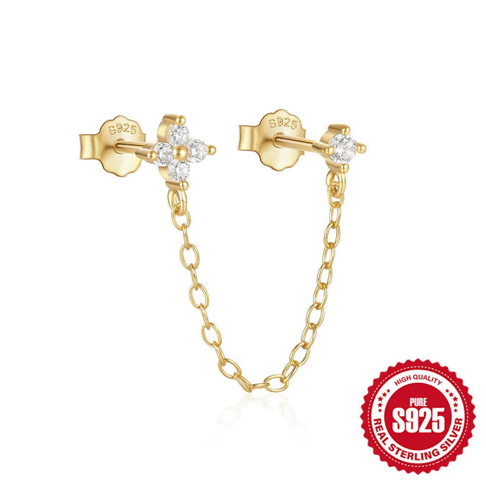 S925 sterling silver geometric earrings with flower tassel chain design in golden electroplated finish