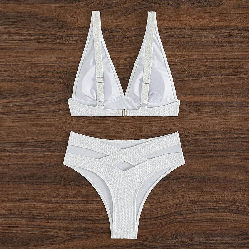 White backless bikini swimsuit set on a mannequin, showing front and back views.