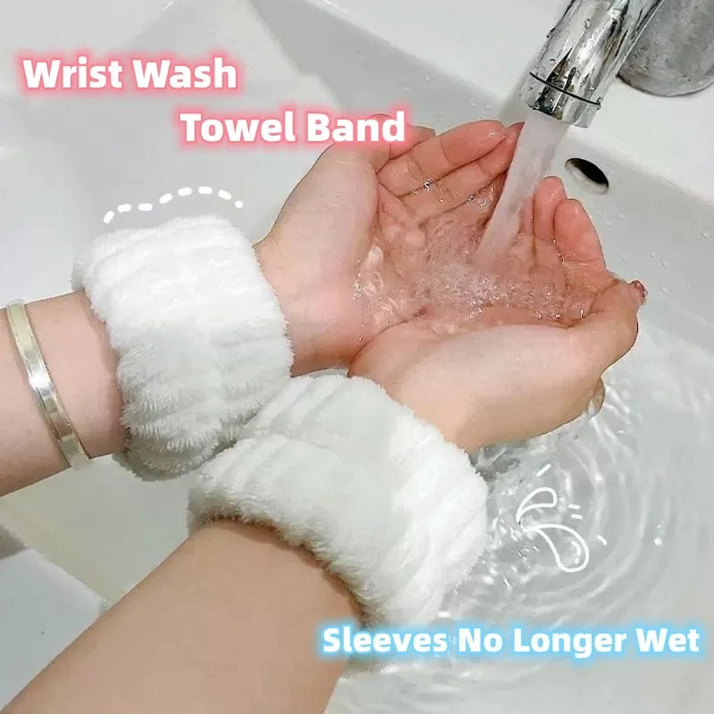 Coral velvet wrist washbands in white, pink, light blue, grey, and lavender for face washing and beauty routines.