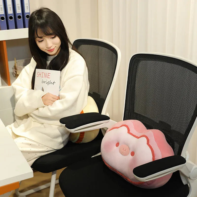 Cheese shape plush pillow 40cm in caramel kitten and strawberry pig designs