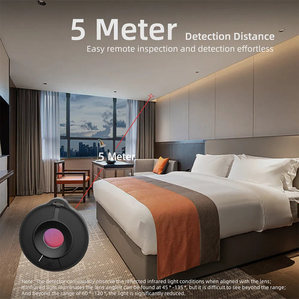 Compact infrared camera detector with filtering lens for hidden camera detection up to 5 metres.