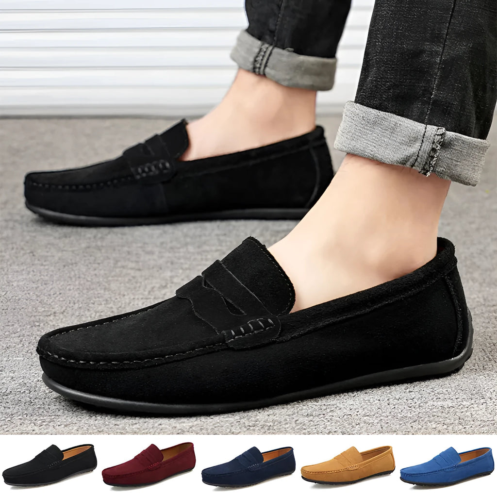 Men's suede leather loafers in black with round toe and rubber sole