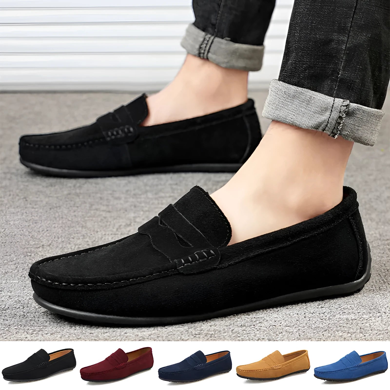 Men's suede leather loafers in black with round toe and rubber sole