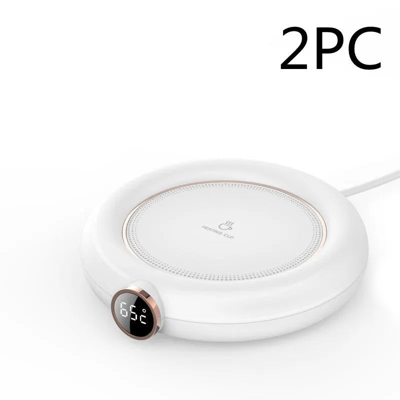 White USB cup warmer pad with LED display and mug on heating plate