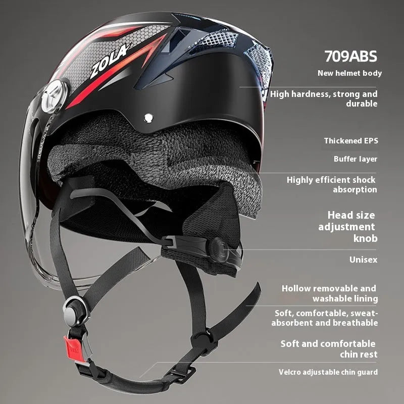 Light brown motorcycle half helmet with a dual mirrored visor on a table.