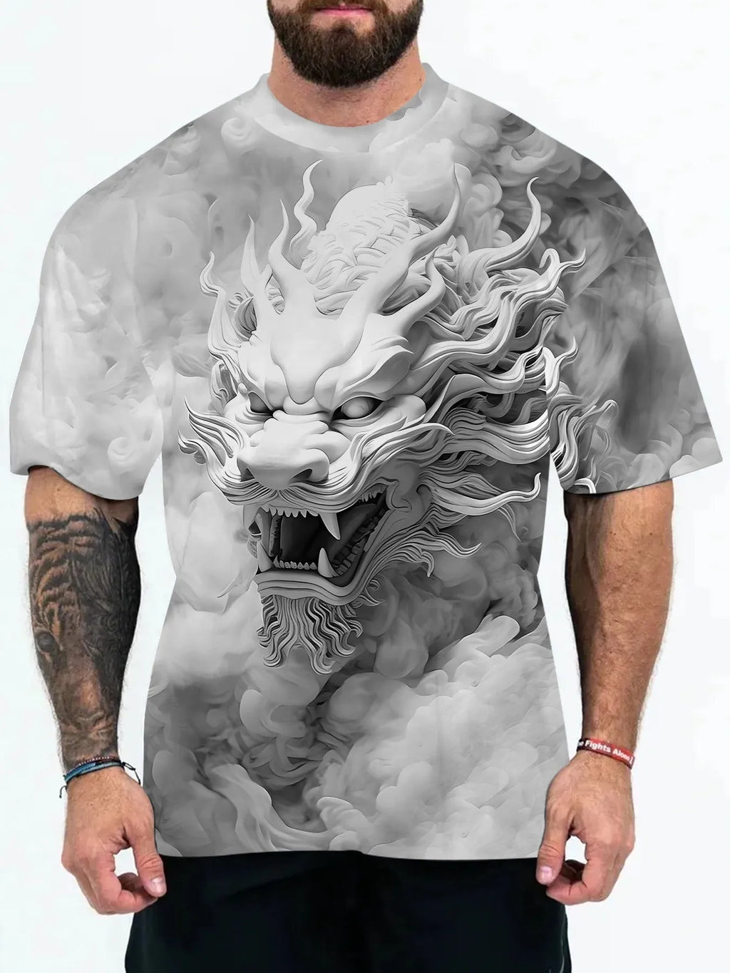 Men's gray dragon print short sleeve t-shirt in loose fit polyester fabric on plain background