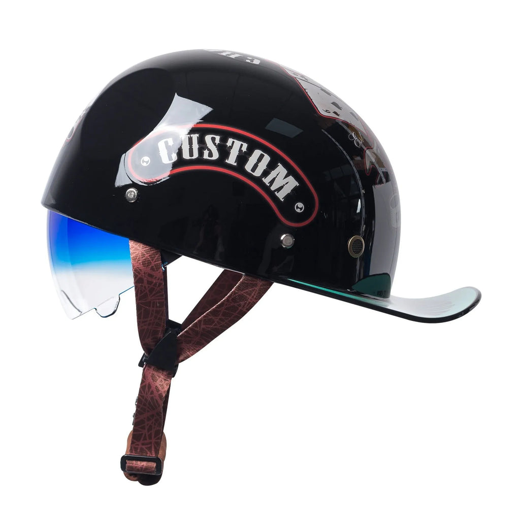 Men's bright black retro half helmet for electric bicycles with a gradient blue tinted lens.