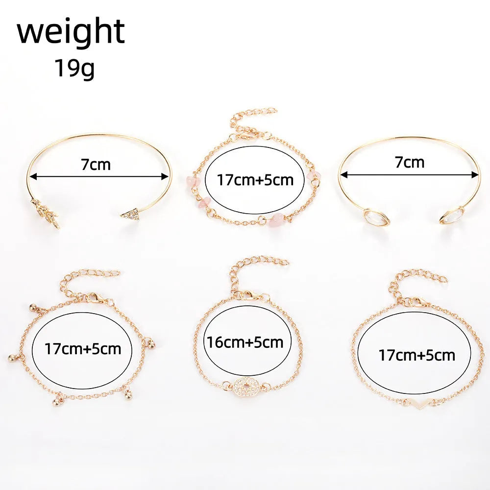 Six-piece women's bracelet set with golden spot drill arrow, water drop and V-shaped charms