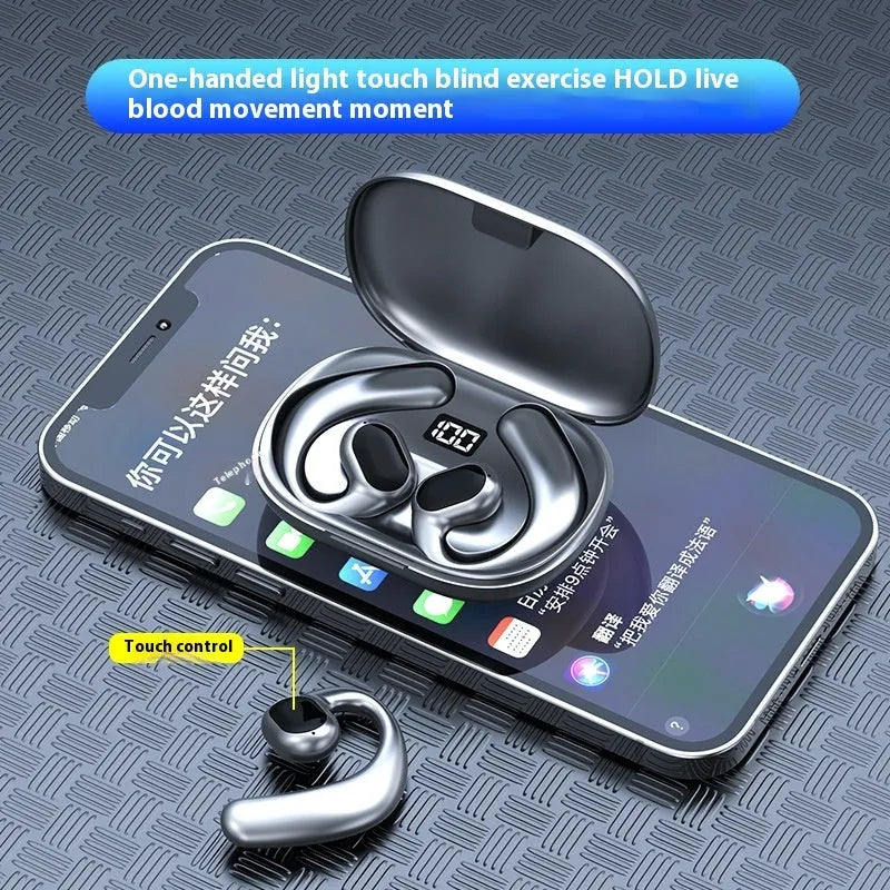 Black and white ear-mounted Bluetooth headset with digital display screen on the side.