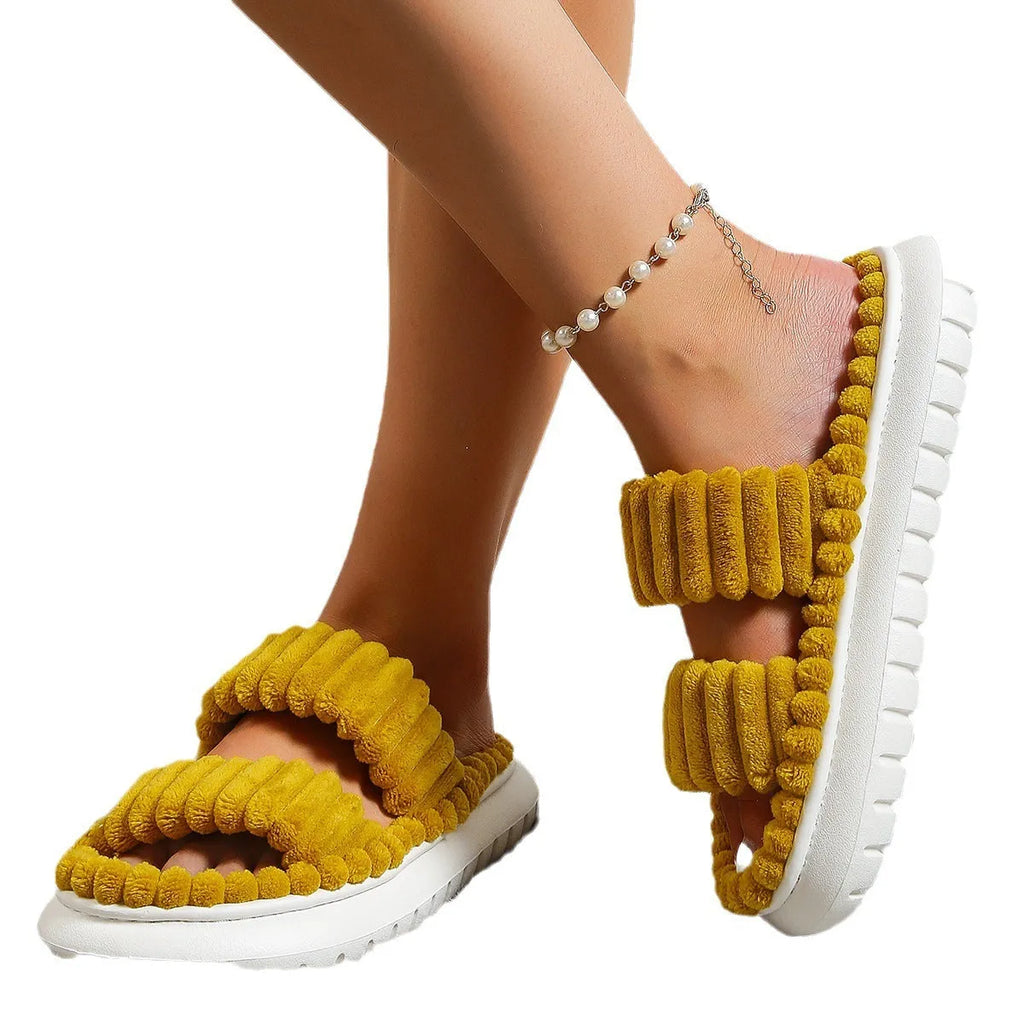 Lamb wool women's cotton slippers with plush upper and hollow out design in black