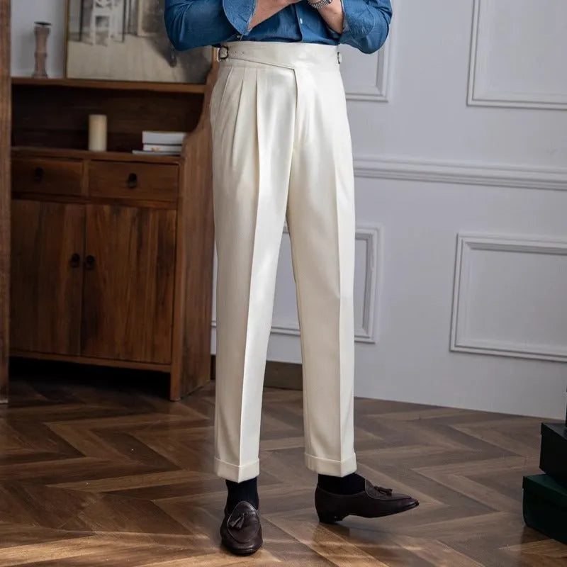 Men's high waist straight-leg casual trousers in polyester fabric available in multiple colours