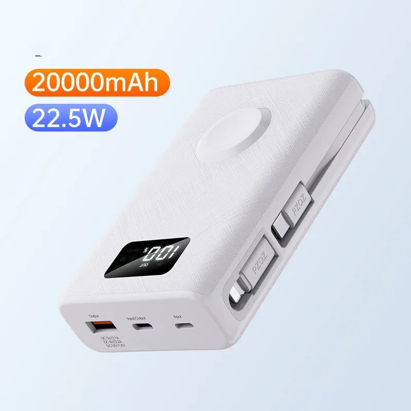 Black and white wireless power bank showing display screen and attached charging cable