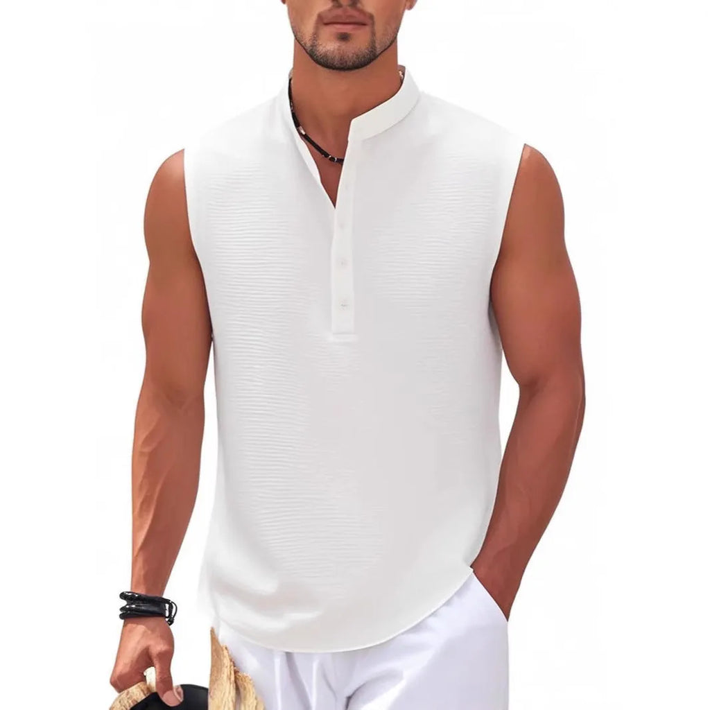 Men's stand collar sleeveless vest with striped jacquard pattern, round hem, in light gray colour, front view
