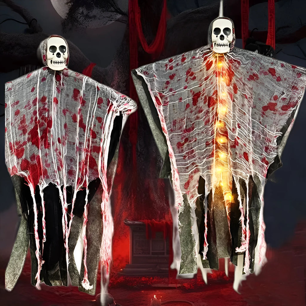 Plastic Halloween decoration of a luminous blood-dyed skull designed as a hanging ghost ornament.