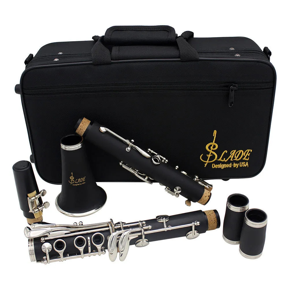 Black Bakelite body beginner clarinet with nickel-plated keys next to its included carry bag.