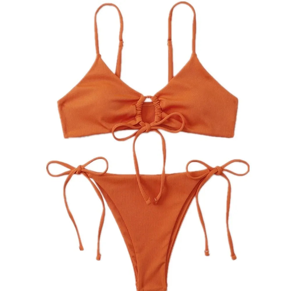 Women's solid colour drawstring bikini set in army green, showing bra and backless briefs.