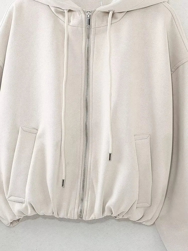 Women's suede hooded jacket in black or white colour showing casual styling and hood detail