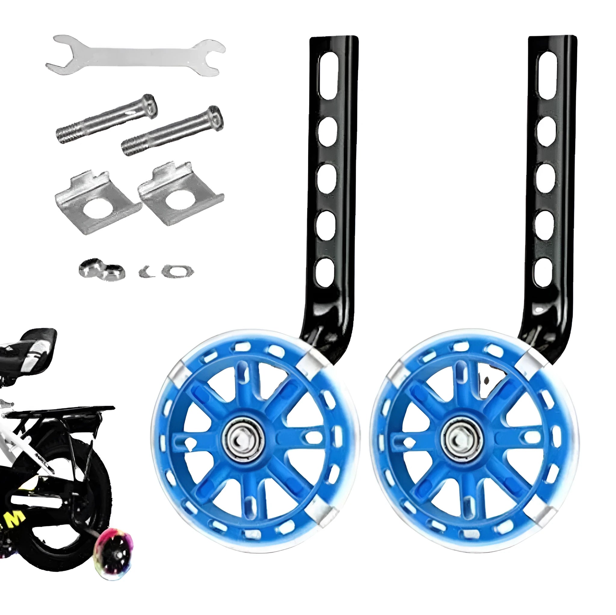 Set of children's bicycle training wheels with metal brackets and hardware in assorted colours