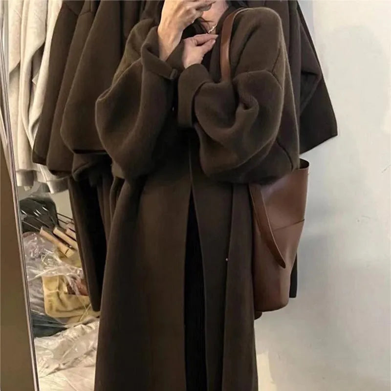Women's loose fit knitted cardigan coat in solid colour with long sleeves and splicing detail, acrylic fibre, free size