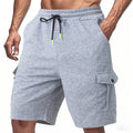 Men's light grey Terry fabric cargo shorts with multiple pockets and loose sports fit