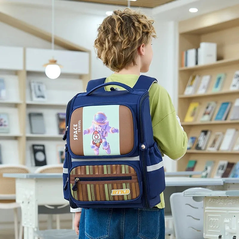 Astronaut pattern polyester schoolbag with air pillow belt, dark blue and red, 40x20x30cm for boys and girls