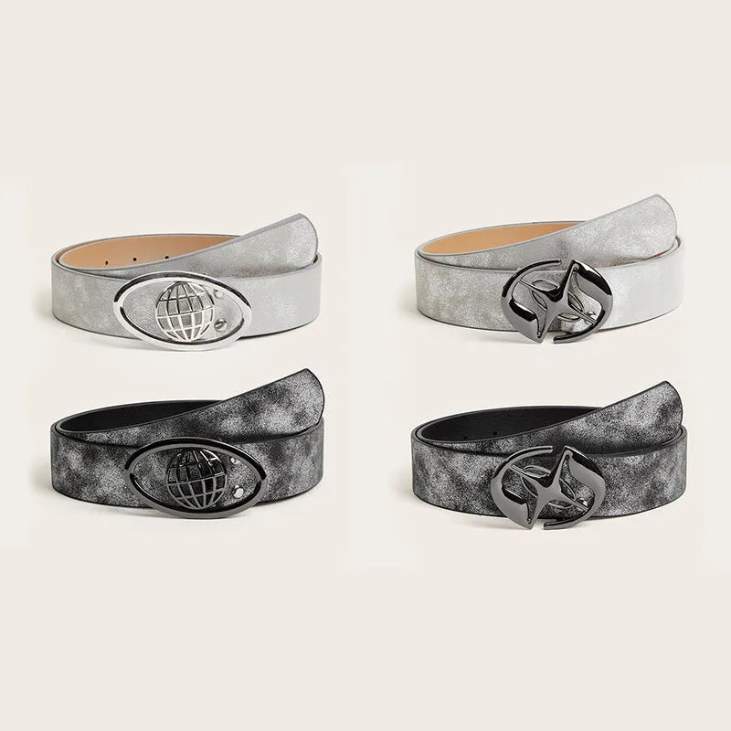 Retro oval buckle women's belt in thick PU leather with antique alloy fastener
