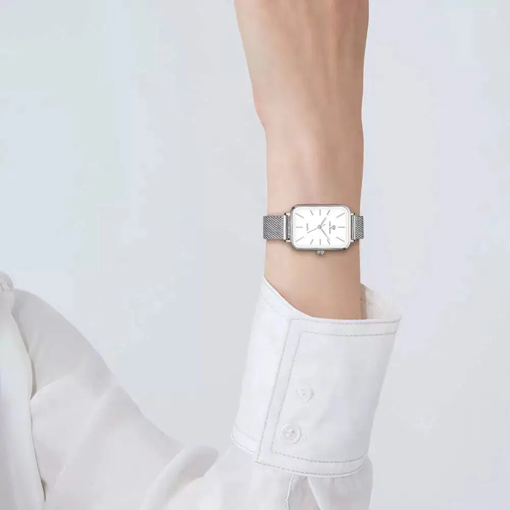 Women's rose gold or silver waterproof quartz watch with alloy case and woven steel strap