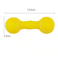 Brown, orange, white, and yellow PVC football dumbbell shaped dog chew toy with squeaker.