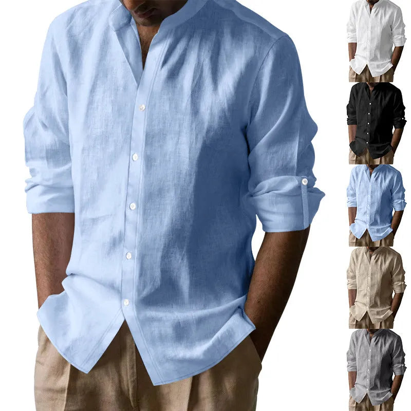 Men's linen-cotton long sleeve stand collar shirt in solid colour, slim fit, cardigan style
